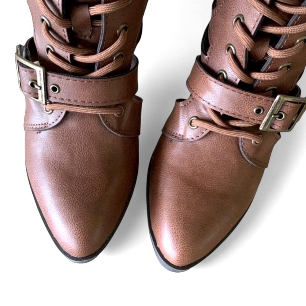 Cut-Out Lace Up High Heeled Ankle Booties Brown Chestnut Women’s Sizes NIB - Picture 8 of 13